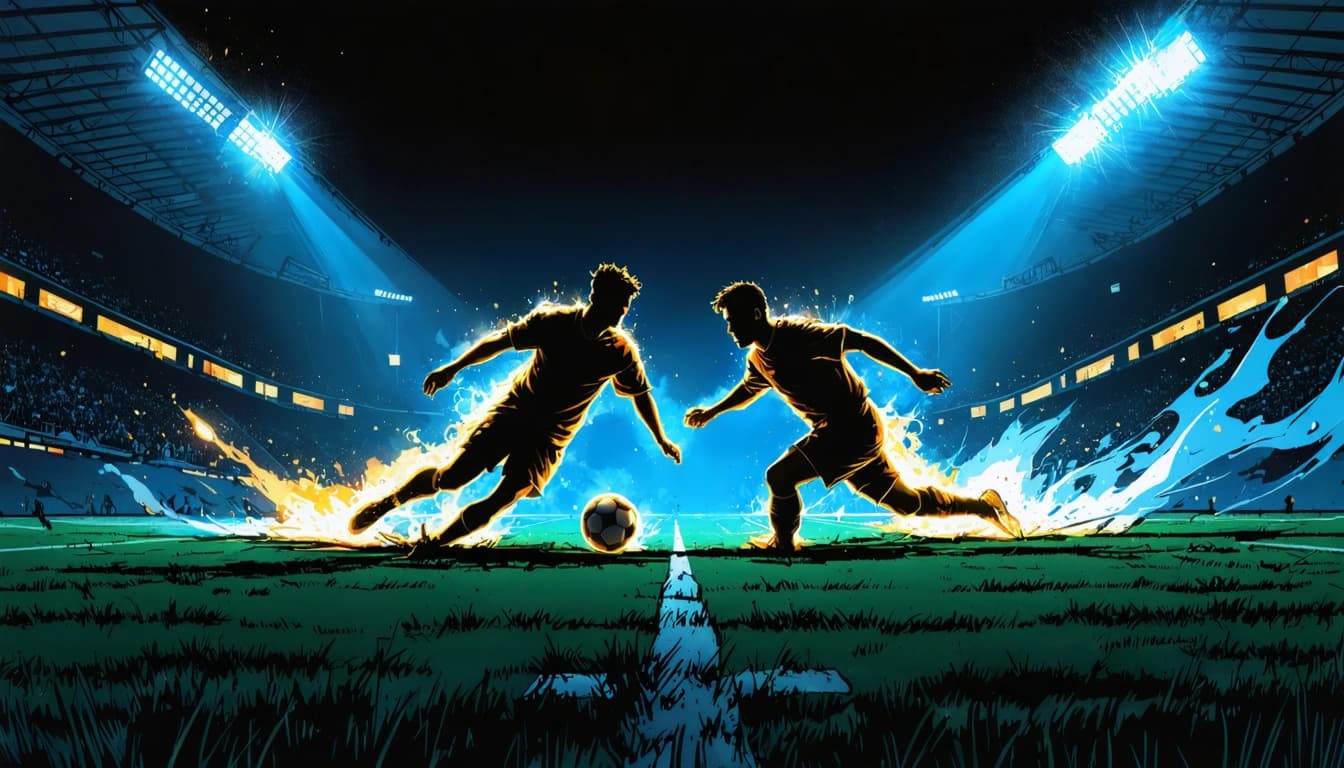 Two silhouetted strikers, one rimmed in gold light and one in cyan, challenging for the ball at the center circle under stadium floodlights
